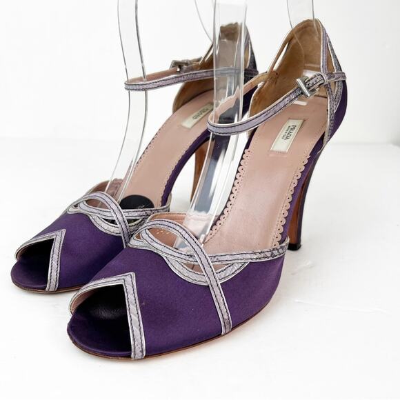 SZ 38 Prada Purple Satin Metallic Lined Heels - Picture 2 of 7